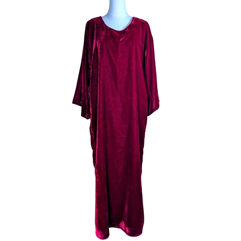 Vintage J. Peterman Crushed Velvet Maxi Caftan Kaftan Dress Wine Red‎ Large - Picture 2 of 10